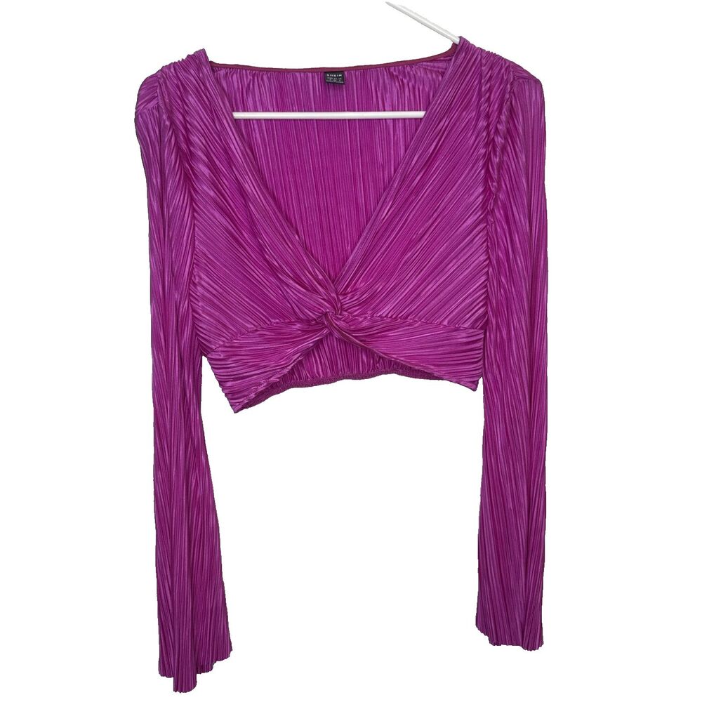 SHEIN Y2K Pink Plisse Crop Top Womens Small Flare Long Sleeve Twist Front Disco